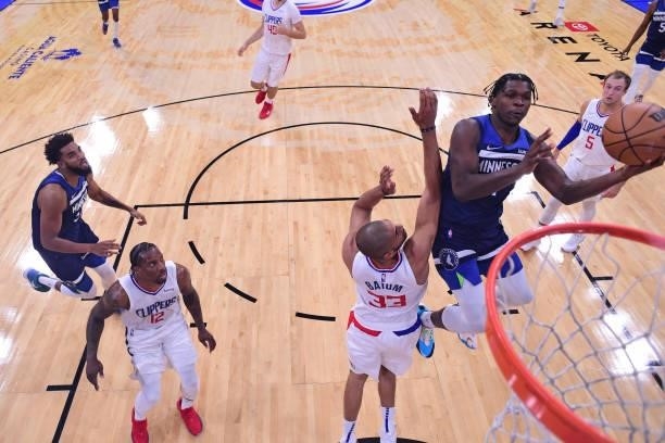 Anthony Edwards of the Minnesota Timberwolves drives to the basket during a preseason game against the LA Clippers on October 11, 2021 at Toyota...