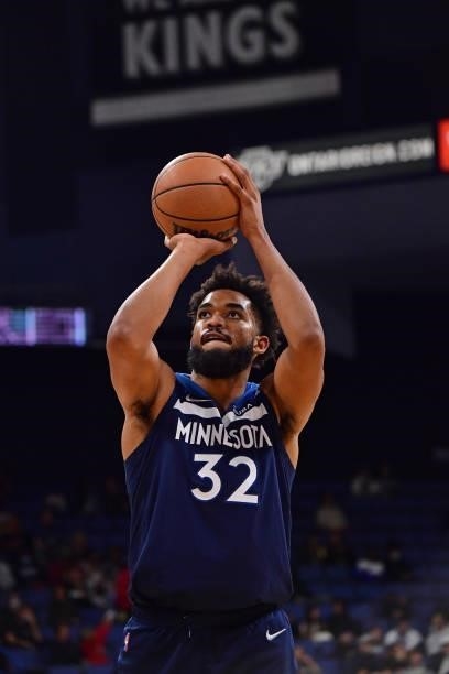 Karl-Anthony Towns of the Minnesota Timberwolves shoots a free throw during a preseason game against the LA Clippers on October 11, 2021 at Toyota...