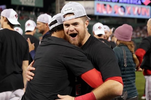 Christian Arroyo of the Boston Red Sox celebrates after the Red Sox defeated the Tampa Bay Rays 6-5 in Game 4 of the ALDS at Fenway Park on Monday,...
