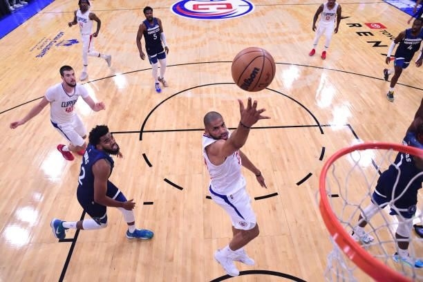 Nicolas Batum of the LA Clippers drives to the basket during a preseason game against the Minnesota Timberwolves on October 11, 2021 at Toyota Arena...