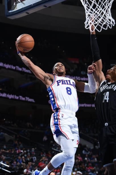 Shaquille Harrison of the Philadelphia 76ers dunks the ball against the Brooklyn Nets during a preseason game on October 11, 2021 at Wells Fargo...