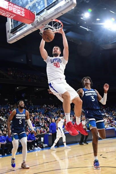Ivica Zubac of the LA Clippers dunks the ball during a preseason game against the Minnesota Timberwolves on October 11, 2021 at Toyota Arena in...