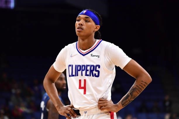 Brandon Boston Jr. #4 of the LA Clippers looks on during a preseason game against the Minnesota Timberwolves on October 11, 2021 at Toyota Arena in...