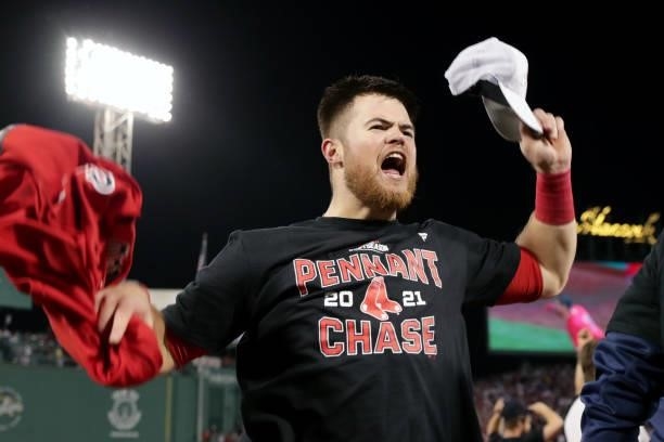 Christian Arroyo of the Boston Red Sox celebrates after the Red Sox defeated the Tampa Bay Rays 6-5 in Game 4 of the ALDS at Fenway Park on Monday,...