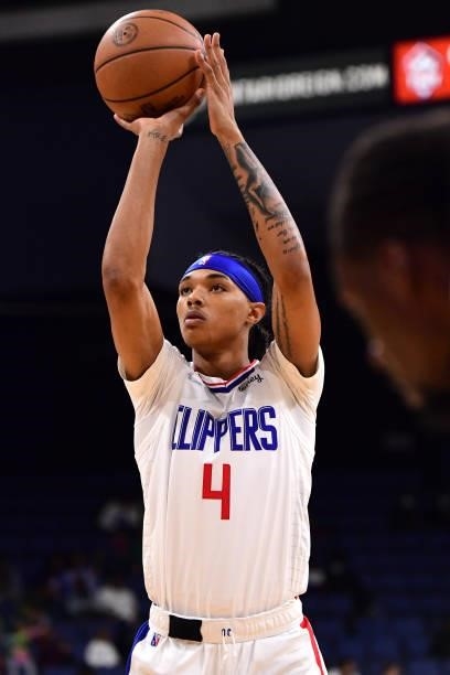 Brandon Boston Jr. #4 of the LA Clippers shoots a free throw during a preseason game against the Minnesota Timberwolves on October 11, 2021 at Toyota...