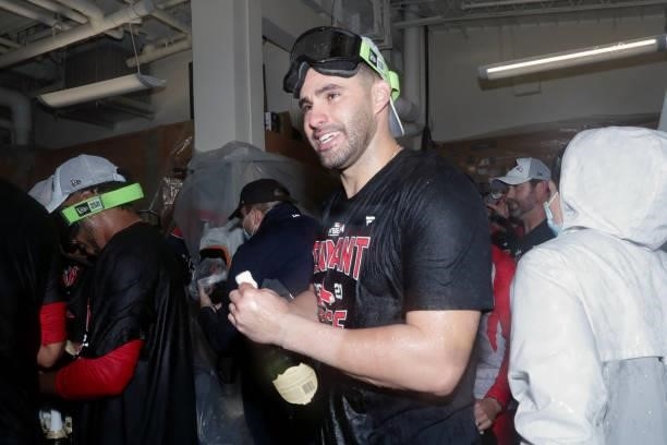 Martinez of the Boston Red Sox celebrates after the Red Sox defeated the Tampa Bay Rays in Game 4 of the ALDS at Fenway Park on Monday, October 11,...
