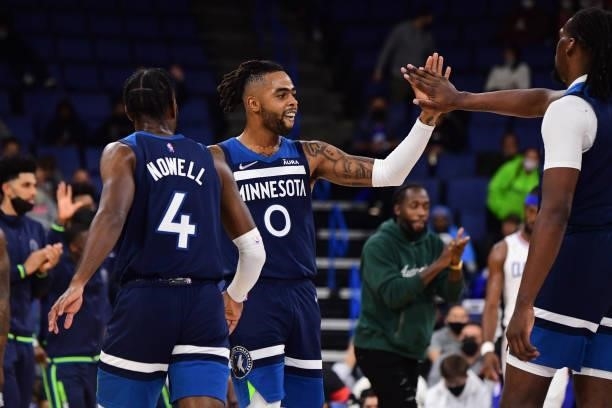 Angelo Russell of the Minnesota Timberwolves celebrates during a preseason game against the LA Clippers on October 11, 2021 at Toyota Arena in...