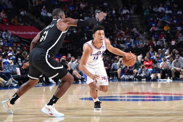 Jaden Springer of the Philadelphia 76ers handles the ball against the Brooklyn Nets during a preseason game on October 11, 2021 at Wells Fargo Center...