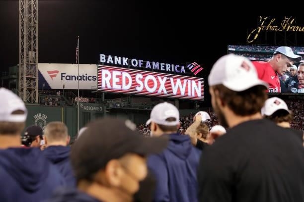 Members of the Boston Red Sox celebrate after they defeated the Tampa Bay Rays 6-5 in Game 4 of the ALDS at Fenway Park on Monday, October 11, 2021...