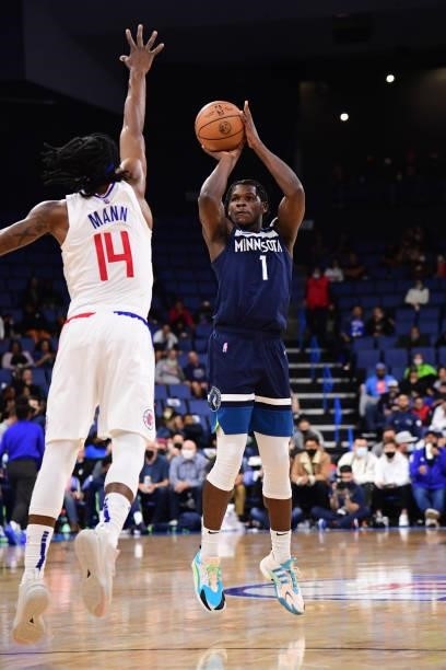 Anthony Edwards of the Minnesota Timberwolves shoots a three point basket during a preseason game against the LA Clippers on October 11, 2021 at...