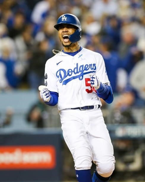 Mookie Betts of the Los Angeles Dodgers reacts after lining out to Brandon Crawford of the San Francisco Giants being caught during Game 3 of the...