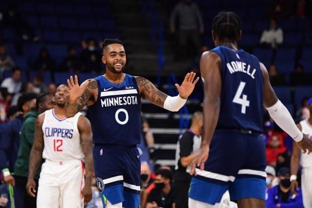 Angelo Russell of the Minnesota Timberwolves celebrates during a preseason game against the LA Clippers on October 11, 2021 at Toyota Arena in...