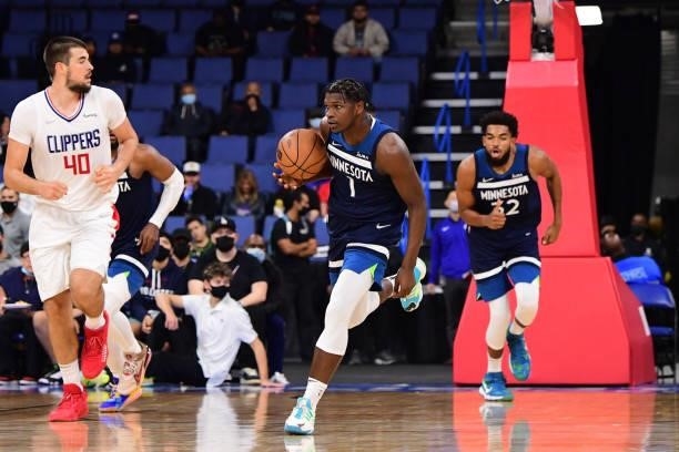 Anthony Edwards of the Minnesota Timberwolves dribbles the ball during a preseason game against the LA Clippers on October 11, 2021 at Toyota Arena...
