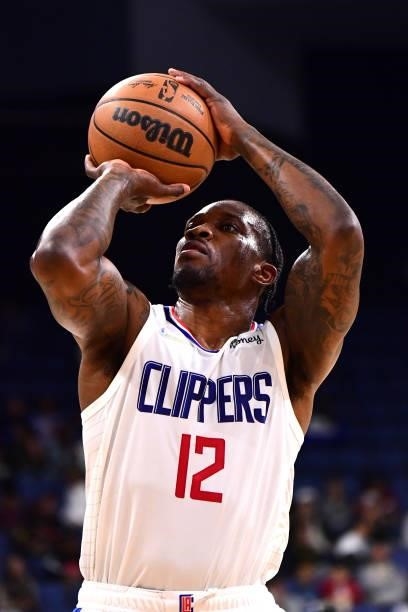 Eric Bledsoe of the LA Clippers shoots a free throw during a preseason game against the Minnesota Timberwolves on October 11, 2021 at Toyota Arena in...