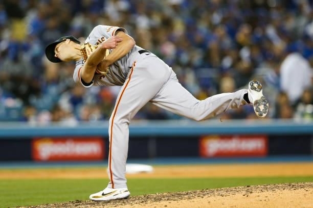 Tyler Rogers of the San Francisco Giants pitches during Game 3 of the NLDS between the San Francisco Giants and the Los Angeles Dodgers at Dodgers...