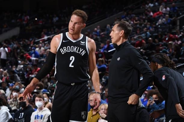 Blake Griffin of the Brooklyn Nets and Head Coach Steve Nash of the Brooklyn Nets talk during a preseason game on October 11, 2021 at Wells Fargo...