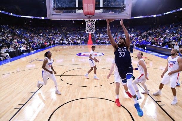 Karl-Anthony Towns of the Minnesota Timberwolves drives to the basket during a preseason game against the LA Clippers on October 11, 2021 at Toyota...