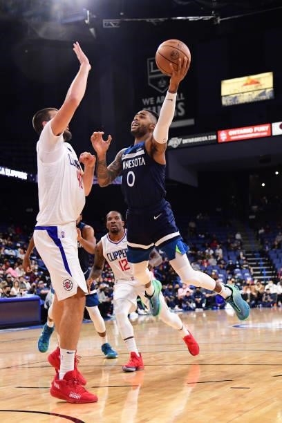 Angelo Russell of the Minnesota Timberwolves drives to the basket during a preseason game against the LA Clippers on October 11, 2021 at Toyota Arena...