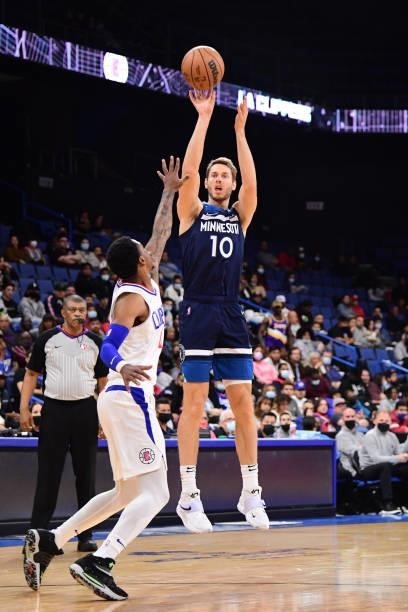 Jake Layman of the Minnesota Timberwolves shoots a three point basket during a preseason game against the LA Clippers on October 11, 2021 at Toyota...