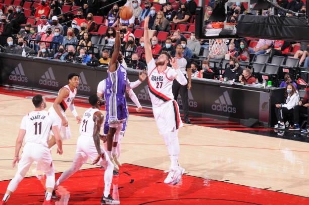 Jahmi'us Ramsey of the Sacramento Kings shoots the ball during a preseason game against the Portland Trail Blazers on October 11, 2021 at the Moda...