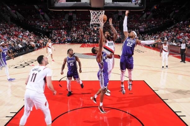 Marquese Chriss of the Portland Trail Blazers shoots the ball during a preseason game against the Sacramento Kings on October 11, 2021 at the Moda...