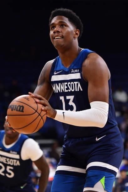 Kenny Wooten of the Minnesota Timberwolves shoots a free throw during a preseason game against the LA Clippers on October 11, 2021 at Toyota Arena in...