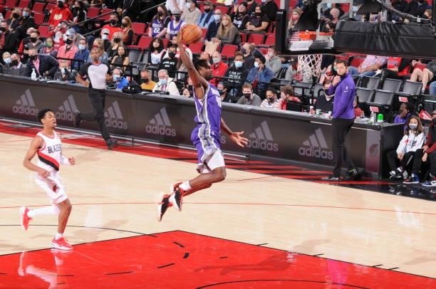 Harrison Barnes of the Sacramento Kings shoots the ball during a preseason game against the Portland Trail Blazers on October 11, 2021 at the Moda...