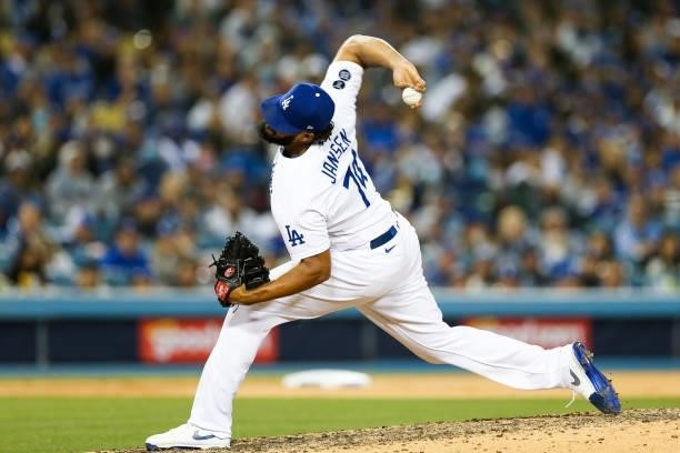Kenley Jansen of the Los Angeles Dodgers pitches during Game 3 of the NLDS between the San Francisco Giants and the Los Angeles Dodgers at Dodgers...