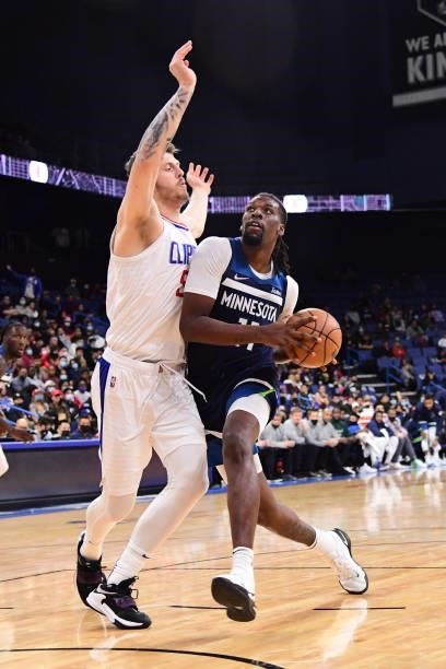 Naz Reid of the Minnesota Timberwolves drives to the basket during a preseason game against the LA Clippers on October 11, 2021 at Toyota Arena in...