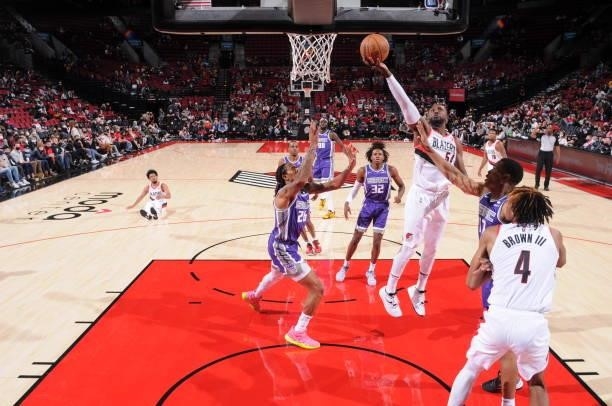 Patrick Patterson of the Portland Trail Blazers shoots the ball during a preseason game against the Sacramento Kings on October 11, 2021 at the Moda...