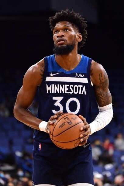Nathan Knight of the Minnesota Timberwolves shoots a free throw during a preseason game against the LA Clippers on October 11, 2021 at Toyota Arena...