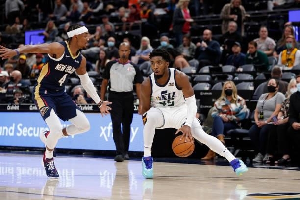 Donovan Mitchell of the Utah Jazz handles the ball against the New Orleans Pelicans during a preseason game on October 11, 2021 at vivint.SmartHome...