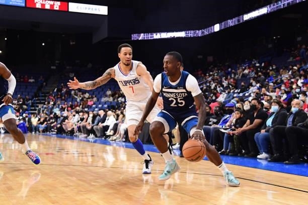 McKinley Wright IV of the Minnesota Timberwolves drives to the basket during a preseason game against the LA Clippers on October 11, 2021 at Toyota...