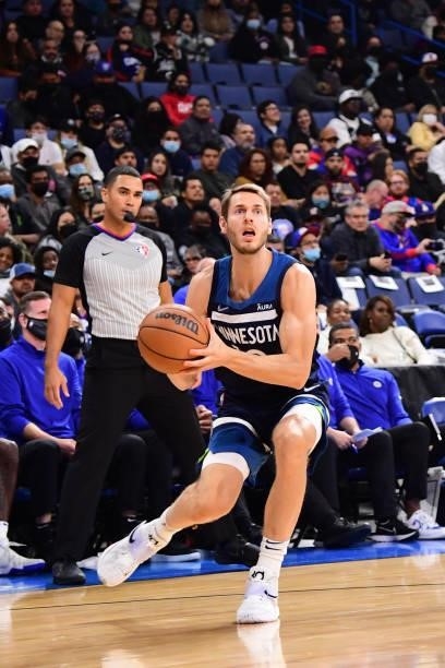 Jake Layman of the Minnesota Timberwolves looks to shoots the ball during a preseason game against the LA Clippers on October 11, 2021 at Toyota...