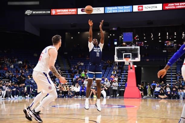 Naz Reid of the Minnesota Timberwolves shoots a three point basket during a preseason game against the LA Clippers on October 11, 2021 at Toyota...