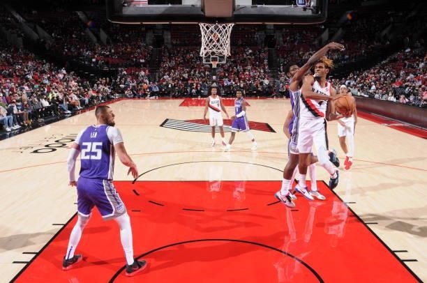 Greg Brown III of the Portland Trail Blazers shoots the ball during a preseason game against the Sacramento Kings on October 11, 2021 at the Moda...