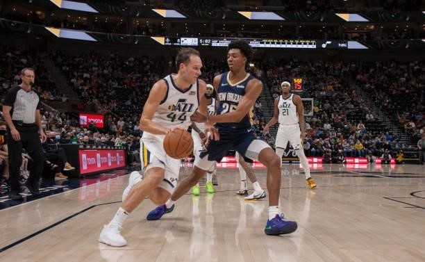 Bojan Bogdanovic of the Utah Jazz drives the ball past Trey Marshall III of the New Orleans Pelicans during the first half of their game on October...