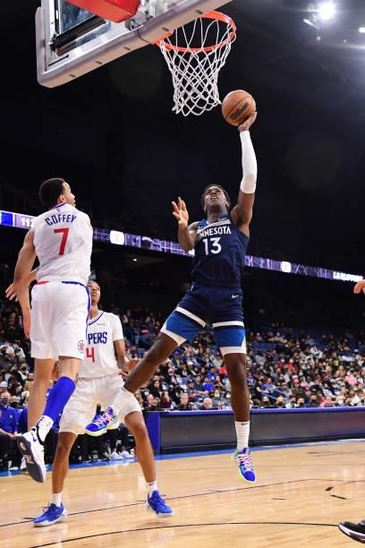 Kenny Wooten of the Minnesota Timberwolves drives to the basket during a preseason game against the LA Clippers on October 11, 2021 at Toyota Arena...