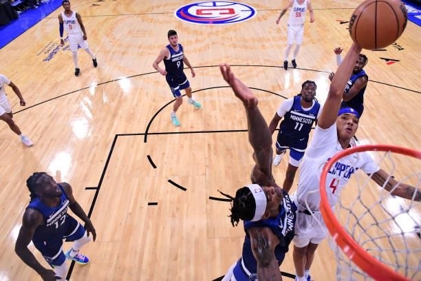 Brandon Boston Jr. #4 of the LA Clippers dunks the ball during a preseason game against the Minnesota Timberwolves on October 11, 2021 at Toyota...