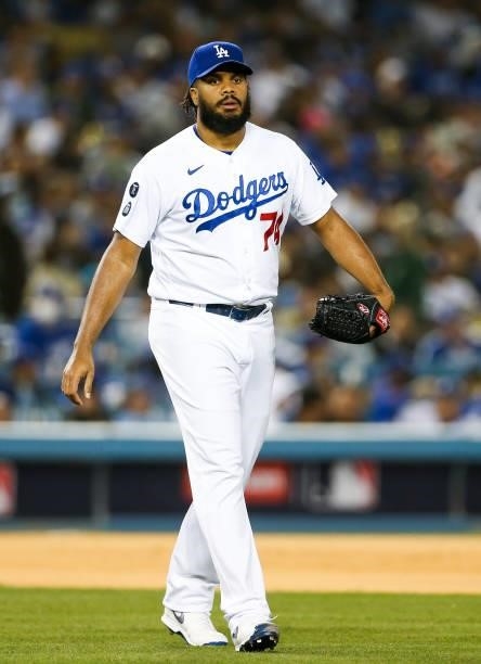 Kenley Jansen of the Los Angeles Dodgers looks on prior to pitching the eight inning during Game 3 of the NLDS between the San Francisco Giants and...