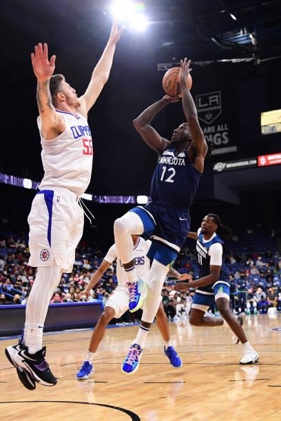 Taurean Prince of the Minnesota Timberwolves shoots the ball during a preseason game against the LA Clippers on October 11, 2021 at Toyota Arena in...