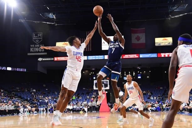 Brian Bowen II of the Minnesota Timberwolves shoots the ball during a preseason game against the LA Clippers on October 11, 2021 at Toyota Arena in...
