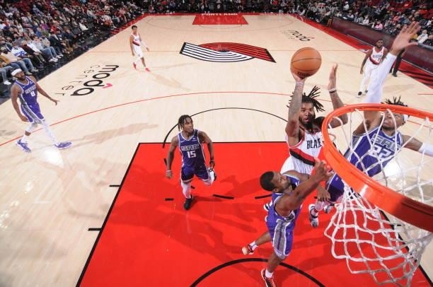 Marquese Chriss of the Portland Trail Blazers shoots the ball during a preseason game against the Sacramento Kings on October 11, 2021 at the Moda...