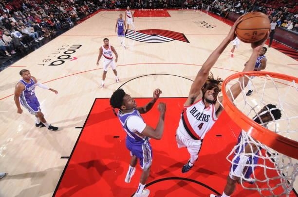 Greg Brown III of the Portland Trail Blazers shoots the ball during a preseason game against the Sacramento Kings on October 11, 2021 at the Moda...