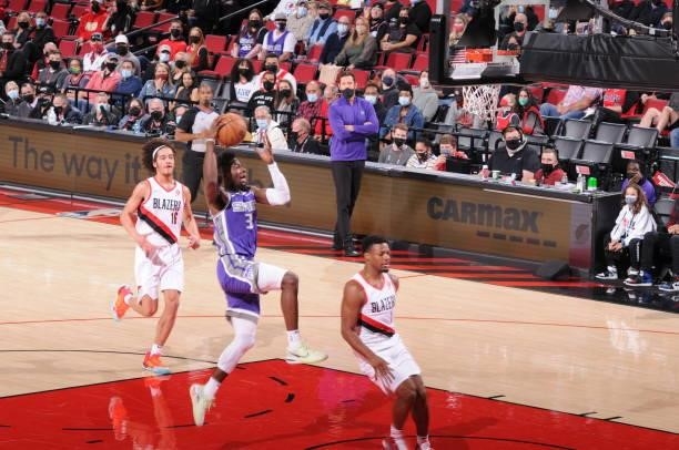 Jahmi'us Ramsey of the Sacramento Kings shoots the ball during a preseason game against the Portland Trail Blazers on October 11, 2021 at the Moda...