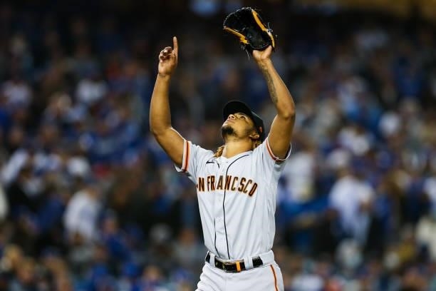 Camilo Doval of the San Francisco Giant reacts after a fly out during Game 3 of the NLDS between the San Francisco Giants and the Los Angeles Dodgers...