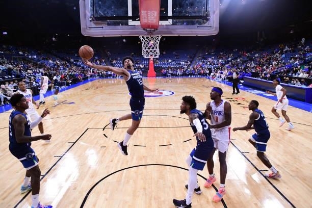 John Egbunu of the Minnesota Timberwolves rebounds the ball during a preseason game against the LA Clippers on October 11, 2021 at Toyota Arena in...