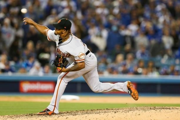 Camilo Doval of the San Francisco Giants pitches during Game 3 of the NLDS between the San Francisco Giants and the Los Angeles Dodgers at Dodgers...