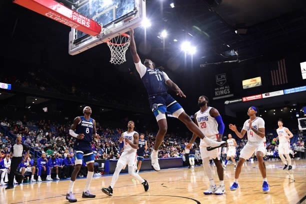 Naz Reid of the Minnesota Timberwolves drives to the basket during a preseason game against the LA Clippers on October 11, 2021 at Toyota Arena in...