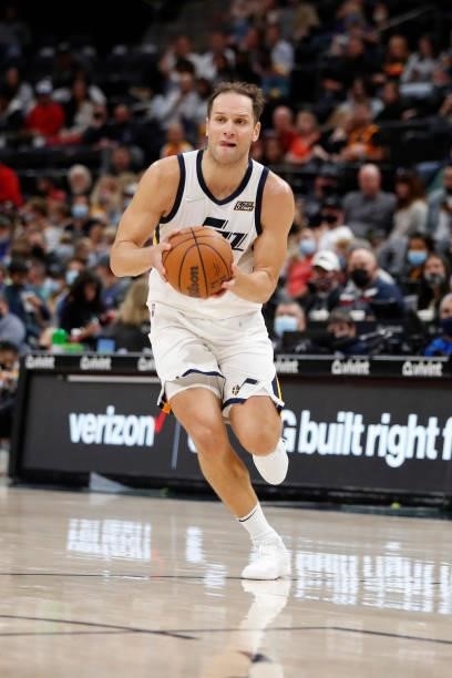Bojan Bogdanovic of the Utah Jazz looks to pass the ball against the New Orleans Pelicans during a preseason game on October 11, 2021 at...